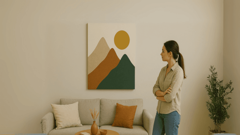 En kvinne vurderer et abstrakt lerretsbilde som henger over en sofa i en stilren, moderne stue