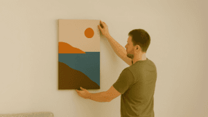En mann viser Hvordan henge opp et lerretsbilde på gipsvegg i en moderne stue