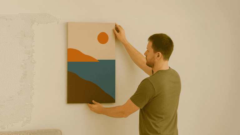 En mann viser Hvordan henge opp et lerretsbilde på gipsvegg i en moderne stue