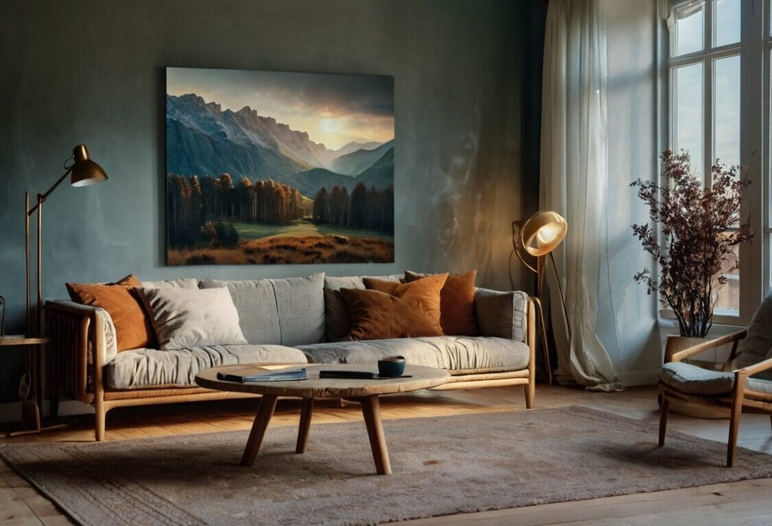 Stort lerretsbilde av norske fjorder over en sofa i en moderne stue