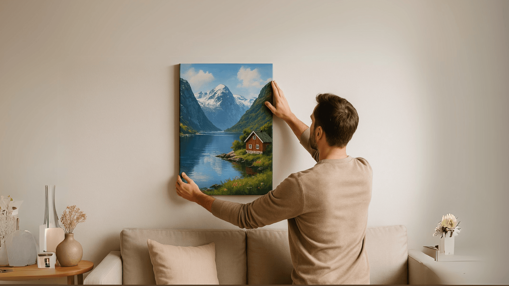 En mann henger opp et lerretsbilde med norsk fjordlandskap over en beige sofa i en moderne stue