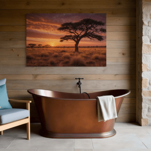 Tidløst lerretsbilde av solnedgang over savannen med akasietrær og dramatisk himmel.