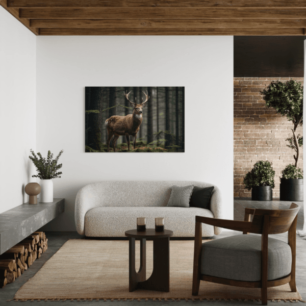 Mock-up i stuen – Hjort i Norsk Skog Lerretsbilde hjort i norsk skog i stuen