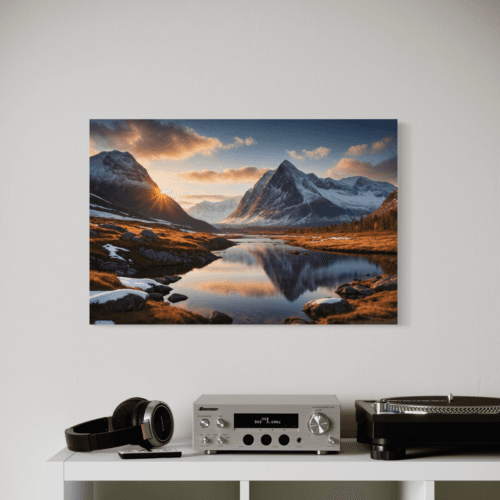 Nærbilde av lerretsbilde fjelltopper i morgenlys