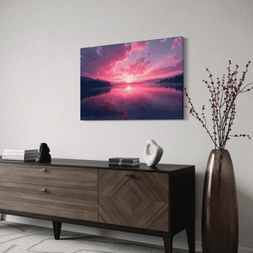 rosenrød innsjø solnedgang på lerret