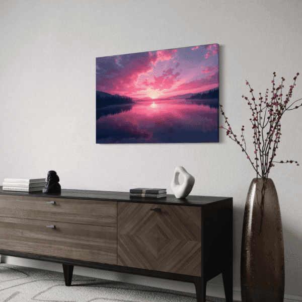 rosenrød innsjø solnedgang på lerret