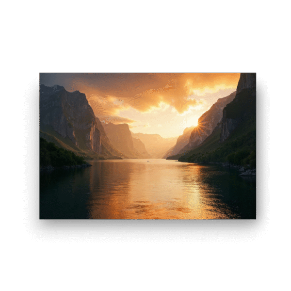 fjord i gyllent lys på lerret