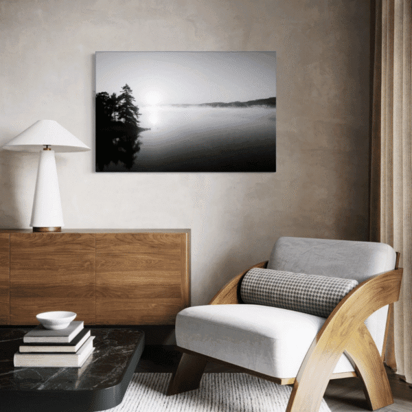 tåkete innsjø i moderne interiør