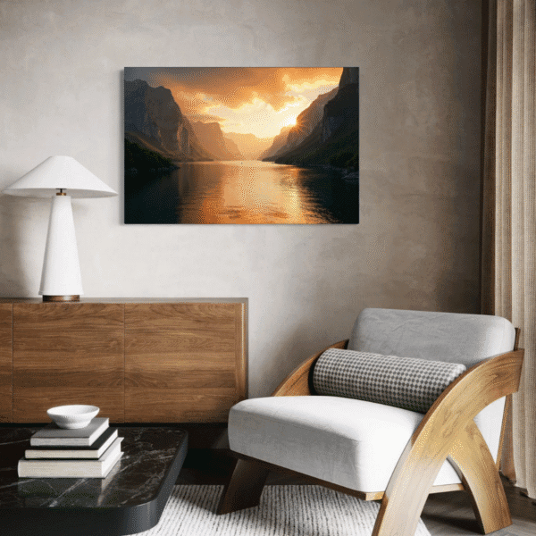 fjord i stuen på lerret